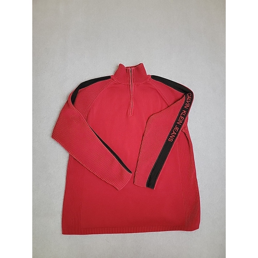 Calvin Klein Jeans Quarter Zip Sweater Mens 2X Red Ribbed Cotton Logo Stripe